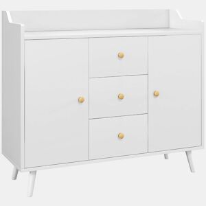 HOMCOM Aparador Sala de Estar Moderno Aparador de Cozinha com 2 Portas 3 Gavetas e Pés de Madeira de Pinho para Sala de Estar Corredor Dormitório 90x32x80 cm Branco