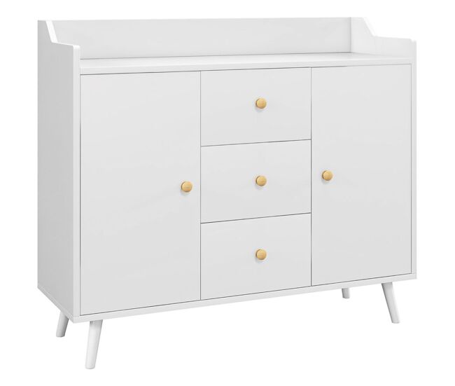 Homcom aparador de salón moderno aparador de cocina con 2 puertas 3 cajones y patas de madera de pino para comedor pasillo dormitorio 90x32x80 cm blanco