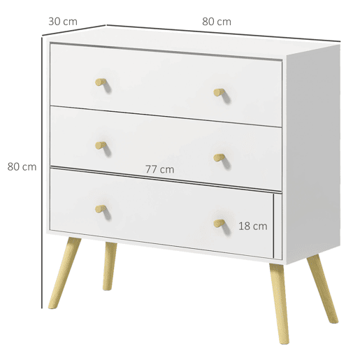 HOMCOM Cómoda com 3 Gavetas Cómoda de Dormitório com Pés de Madeira de Pinho para Sala de Estar Escritório Carga Máxima 70 kg 80x30x80 cm Branco e Madeira