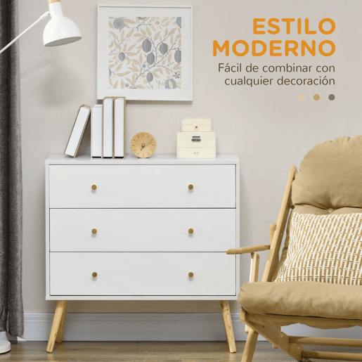 HOMCOM Cómoda com 3 Gavetas Cómoda de Dormitório com Pés de Madeira de Pinho para Sala de Estar Escritório Carga Máxima 70 kg 80x30x80 cm Branco e Madeira