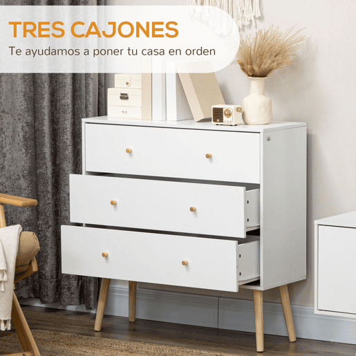 HOMCOM Cómoda com 3 Gavetas Cómoda de Dormitório com Pés de Madeira de Pinho para Sala de Estar Escritório Carga Máxima 70 kg 80x30x80 cm Branco e Madeira