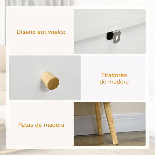 HOMCOM Cómoda com 3 Gavetas Cómoda de Dormitório com Pés de Madeira de Pinho para Sala de Estar Escritório Carga Máxima 70 kg 80x30x80 cm Branco e Madeira