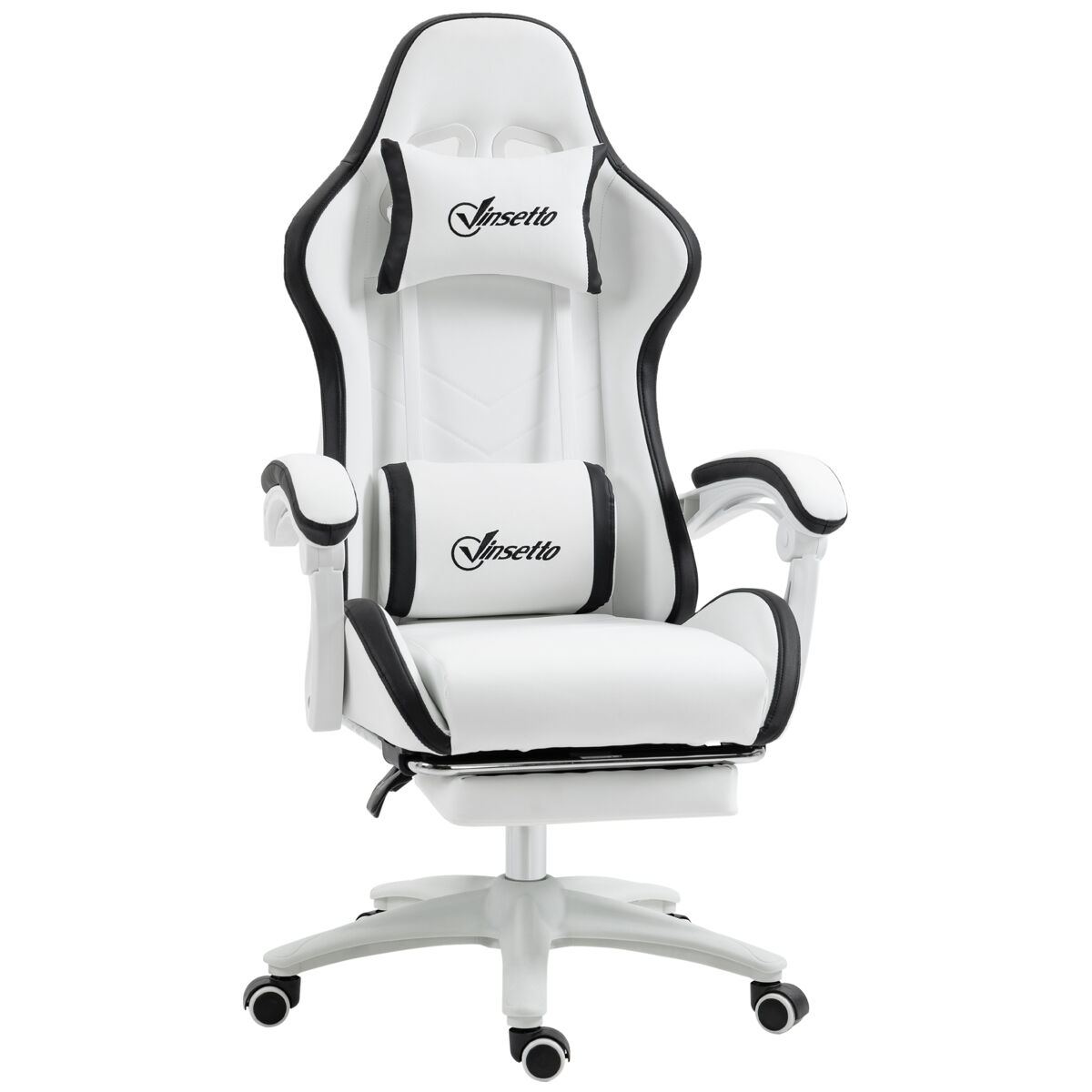 Vinsetto silla gaming ergonómica, silla gamer de cuero pu con reclinable 135°, soporte lumbar, altura ajustable, reposacabezas y reposapiés retráctil, para oficina, estudio, blanco y negro
