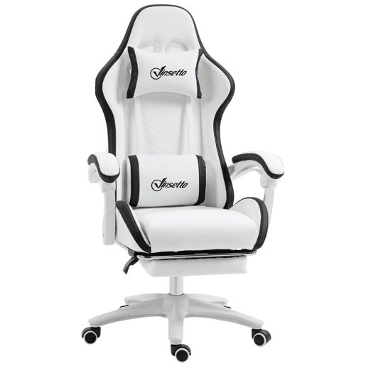 Vinsetto Cadeira Gaming Cadeira Gamer Racing de Couro PU com Altura Ajustável Reclinável 135° Apoio para a Cabeça e Apoio para os Pés Retrátil para Escritório Estúdio 65x65x121-129 cm Branco e Preto