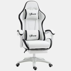 Vinsetto Cadeira Gaming Cadeira Gamer Racing de Couro PU com Altura Ajustável Reclinável 135° Apoio para a Cabeça e Apoio para os Pés Retrátil para Escritório Estúdio 65x65x121-129 cm Branco e Preto