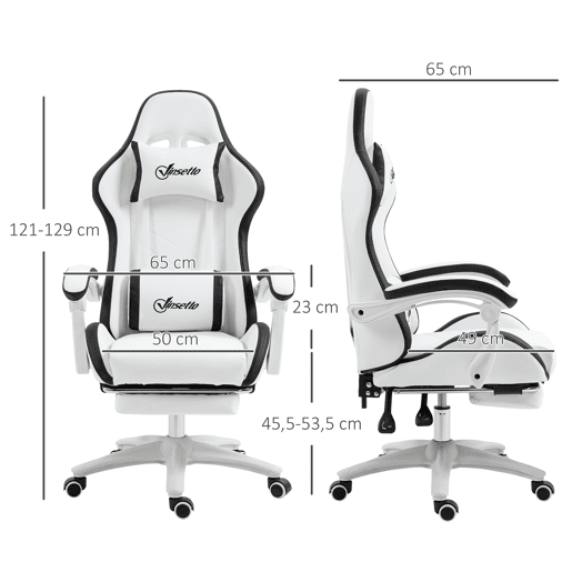 Vinsetto Cadeira Gaming Cadeira Gamer Racing de Couro PU com Altura Ajustável Reclinável 135° Apoio para a Cabeça e Apoio para os Pés Retrátil para Escritório Estúdio 65x65x121-129 cm Branco e Preto