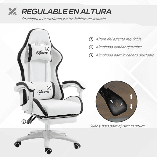 Vinsetto Cadeira Gaming Cadeira Gamer Racing de Couro PU com Altura Ajustável Reclinável 135° Apoio para a Cabeça e Apoio para os Pés Retrátil para Escritório Estúdio 65x65x121-129 cm Branco e Preto