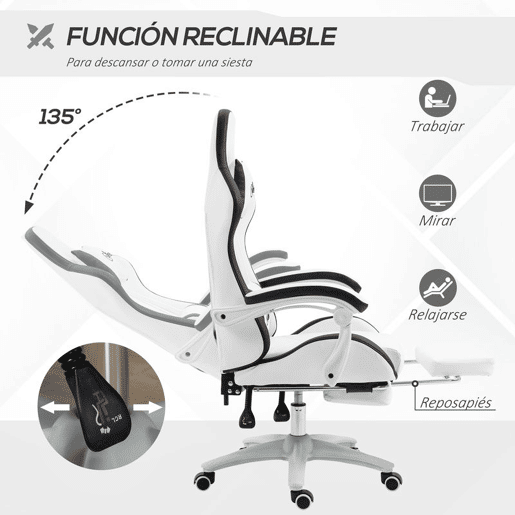 Vinsetto Cadeira Gaming Cadeira Gamer Racing de Couro PU com Altura Ajustável Reclinável 135° Apoio para a Cabeça e Apoio para os Pés Retrátil para Escritório Estúdio 65x65x121-129 cm Branco e Preto