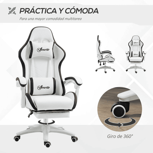 Vinsetto Cadeira Gaming Cadeira Gamer Racing de Couro PU com Altura Ajustável Reclinável 135° Apoio para a Cabeça e Apoio para os Pés Retrátil para Escritório Estúdio 65x65x121-129 cm Branco e Preto