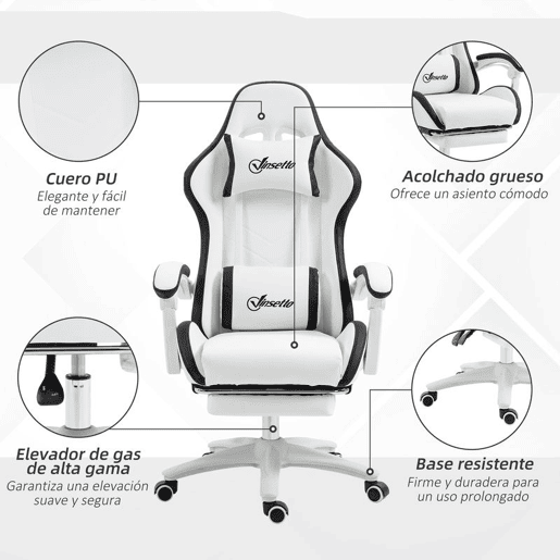 Vinsetto Cadeira Gaming Cadeira Gamer Racing de Couro PU com Altura Ajustável Reclinável 135° Apoio para a Cabeça e Apoio para os Pés Retrátil para Escritório Estúdio 65x65x121-129 cm Branco e Preto
