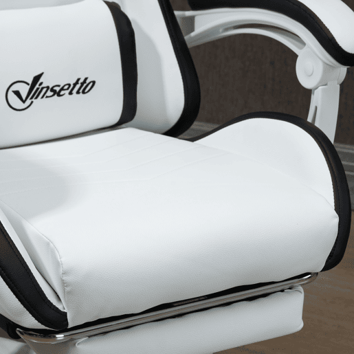 Vinsetto Cadeira Gaming Cadeira Gamer Racing de Couro PU com Altura Ajustável Reclinável 135° Apoio para a Cabeça e Apoio para os Pés Retrátil para Escritório Estúdio 65x65x121-129 cm Branco e Preto