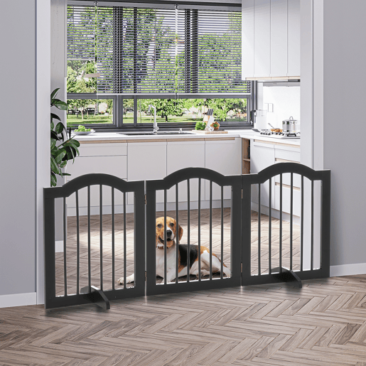 PawHut Barreira de Segurança Dobrável para Cães Pequenos Barreira de Proteção para Animais de Estimação com 3 Painéis e 2 Suportes para Portas Escadas Corredores 154,5x29,5x61 cm Preto