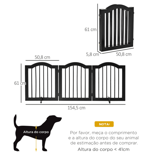 PawHut Barreira de Segurança Dobrável para Cães Pequenos Barreira de Proteção para Animais de Estimação com 3 Painéis e 2 Suportes para Portas Escadas Corredores 154,5x29,5x61 cm Preto