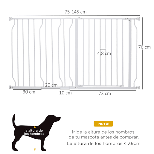 PawHut Barreira de Segurança para Cães Extensível para Escadas e Portas 75-145cm com 3 Extensões e 10 cm 20cm e 30cm Montagem a Pressão Aço Altura 76cm Branco
