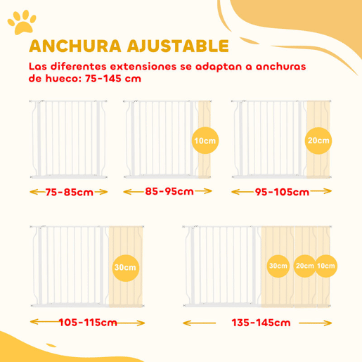 PawHut Barreira de Segurança para Cães Extensível para Escadas e Portas 75-145cm com 3 Extensões e 10 cm 20cm e 30cm Montagem a Pressão Aço Altura 76cm Branco