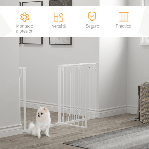 PawHut Barreira de Segurança para Cães Extensível para Escadas e Portas 75-145cm com 3 Extensões e 10 cm 20cm e 30cm Montagem a Pressão Aço Altura 76cm Branco