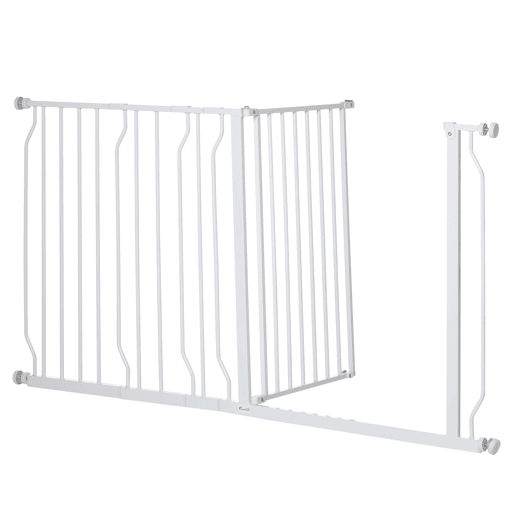 PawHut Barreira de Segurança para Cães Extensível para Escadas e Portas 75-145cm com 3 Extensões e 10 cm 20cm e 30cm Montagem a Pressão Aço Altura 76cm Branco