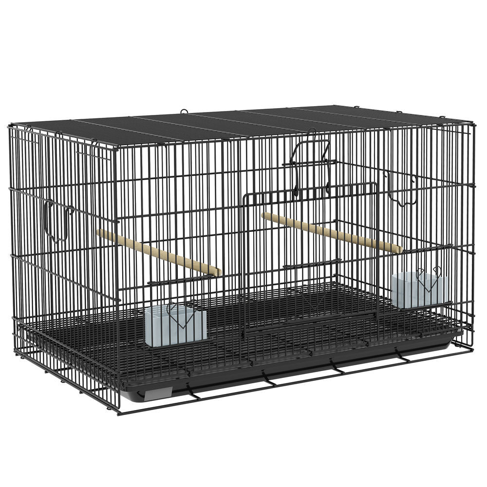 Pawhut jaula para pájaros 77x46x45 cm jaula metálica para aves con bandeja extraíble 2 perchas 2 comederos para periquitos canarios negro