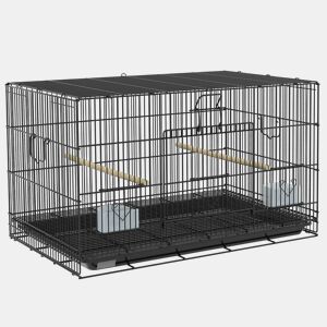 PawHut Gaiola para Pássaros 77x46x45 cm Gaiola de Metal para Pássaros com Bandeja Amovível 2 Poleiros e 2 Comedouros para Periquitos Canários Preto