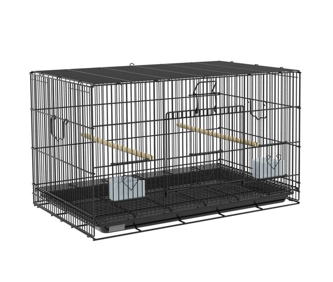 Pawhut jaula para pájaros 77x46x45 cm jaula metálica para aves con bandeja extraíble 2 perchas 2 comederos para periquitos canarios negro