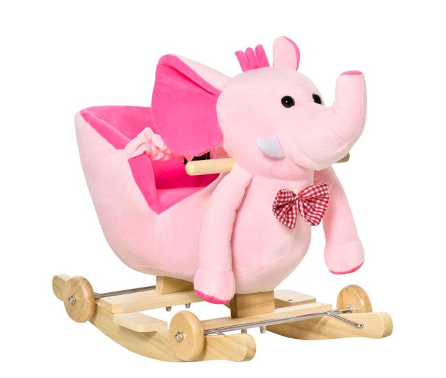 Homcom caballito balancín con ruedas forma de elefante caballo balancín para bebés de +18 meses con músicas infantiles y cinturón de seguridad carga 60 kg 60x35x45 cm rosa
