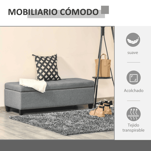 HOMCOM Banco de Armazenamento Acolchoado Banco Estofado em Linho Tampa com Abertura para Sala de Estar Entrada Dormitório Carga Máxima 120 kg 125x49x41,5 cm Cinza