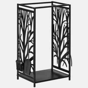 HOMCOM Suporte para Lenhas Suporte de Armazenamento para Lenhas 46x30x70 cm Suporte para Lenhas com 4 Ferramentas para Interior e Exterior Preto