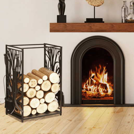 HOMCOM Suporte para Lenhas Suporte de Armazenamento para Lenhas 46x30x70 cm Suporte para Lenhas com 4 Ferramentas para Interior e Exterior Preto