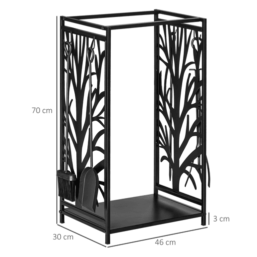 HOMCOM Suporte para Lenhas Suporte de Armazenamento para Lenhas 46x30x70 cm Suporte para Lenhas com 4 Ferramentas para Interior e Exterior Preto