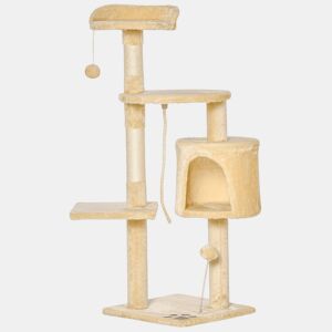 PawHut Arranhador para Gatos Grande Arranhador para Gatos com Plataformas Caverna Cama e Bolas Suspensa 40x40x114 cm Bege