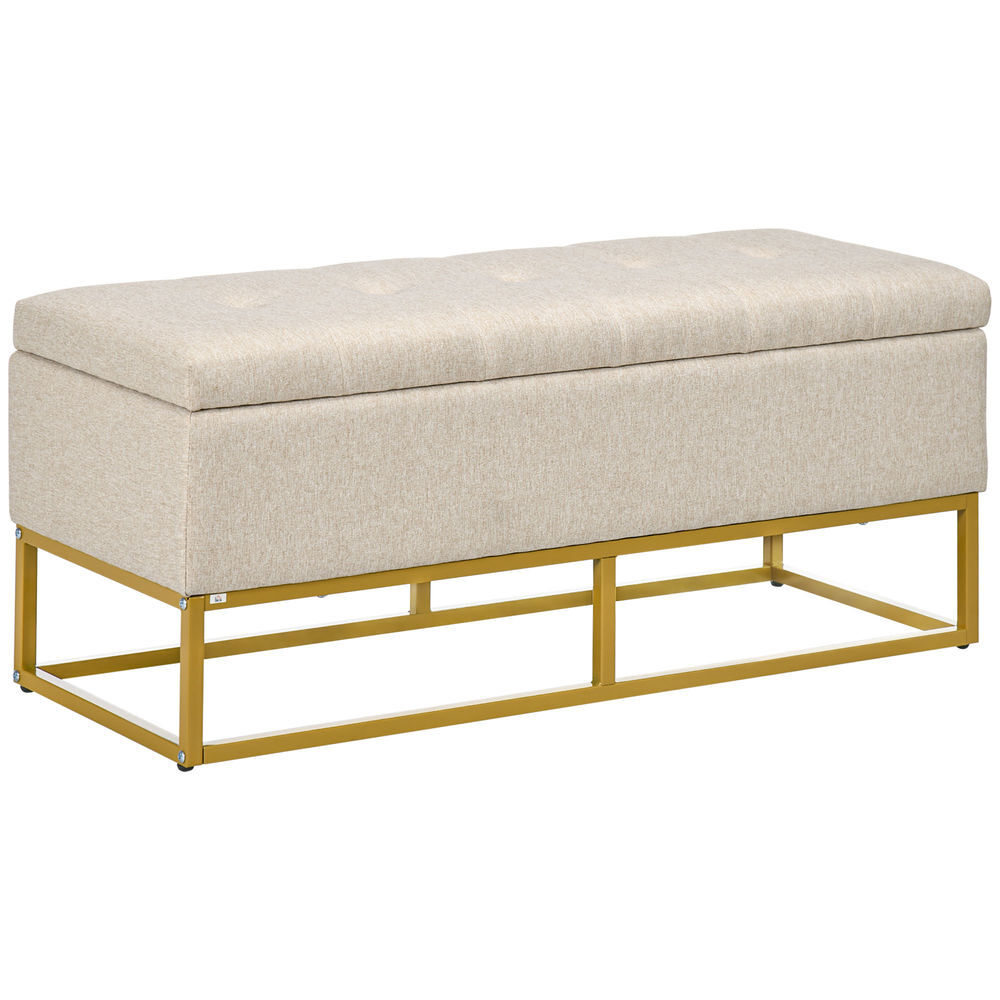 Homcom baúl de almacenaje para dormitorio puff de almacenaje tapizado de lino sintético con tapa abatible y patas de acero para salón 110x44x48 cm beige
