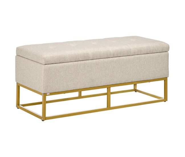 Homcom baúl de almacenaje para dormitorio puff de almacenaje tapizado de lino sintético con tapa abatible y patas de acero para salón 110x44x48 cm