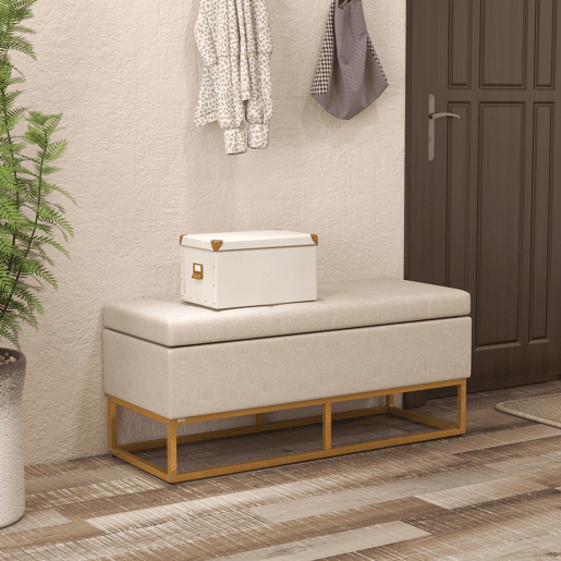 HOMCOM Banco de arrumação otomano Retangular de linho estofado otomano com tampa dobrável e pernas de aço para sala de estar Quarto de dormir Quarto de dormir 110x44x48 cm Bege