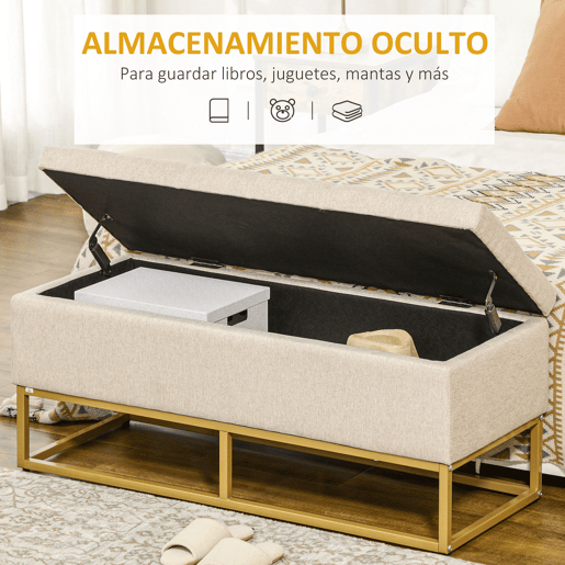 HOMCOM Banco de arrumação otomano Retangular de linho estofado otomano com tampa dobrável e pernas de aço para sala de estar Quarto de dormir Quarto de dormir 110x44x48 cm Bege