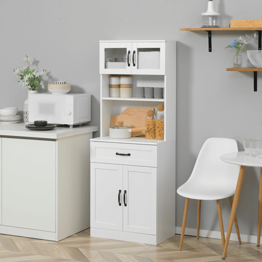 HOMCOM Armário de cozinha Armário buffet de cozinha com 4 portas de gaveta e prateleiras ajustáveis para sala de estar Sala de jantar Estilo moderno 60x38x161 cm Branco