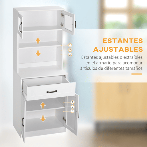 HOMCOM Armário de cozinha Armário buffet de cozinha com 4 portas de gaveta e prateleiras ajustáveis para sala de estar Sala de jantar Estilo moderno 60x38x161 cm Branco