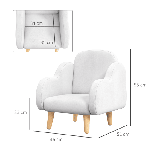 ZONEKIZ Cadeirão para Crianças Cadeirão para Crianças Design Nuvem com Toque Super Suave e 4 Pernas para Crianças 1,5-5 Anos Carga 40 kg 46x51x55 cm Branco