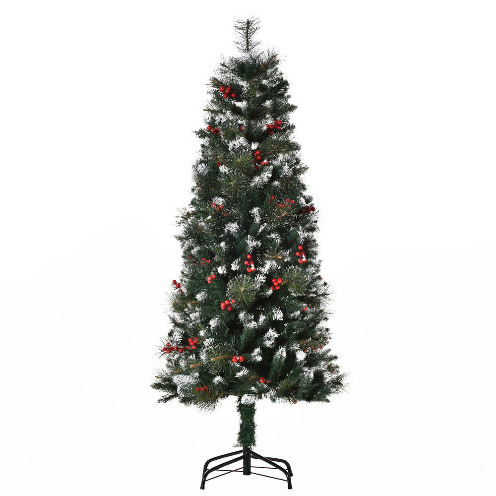 Homcom árbol de navidad 150 cm con nieve árbol de navidad artificial con 360 ramas 38 bayas base plegable y soporte metálico decoración navideña para interiores verde