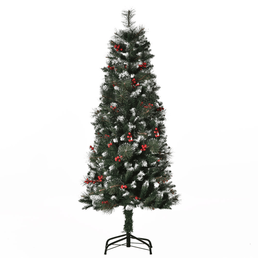 HOMCOM Árvore de Natal Artificial com Neve 150 cm Árvore de Natal Artificial à prova de fogo com 360 ramos 38 bagas Base dobrável e suporte de metal Decoração de Natal interior Verde