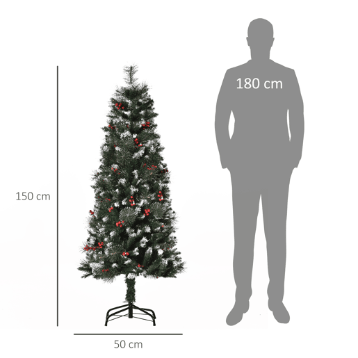 HOMCOM Árvore de Natal Artificial com Neve 150 cm Árvore de Natal Artificial à prova de fogo com 360 ramos 38 bagas Base dobrável e suporte de metal Decoração de Natal interior Verde