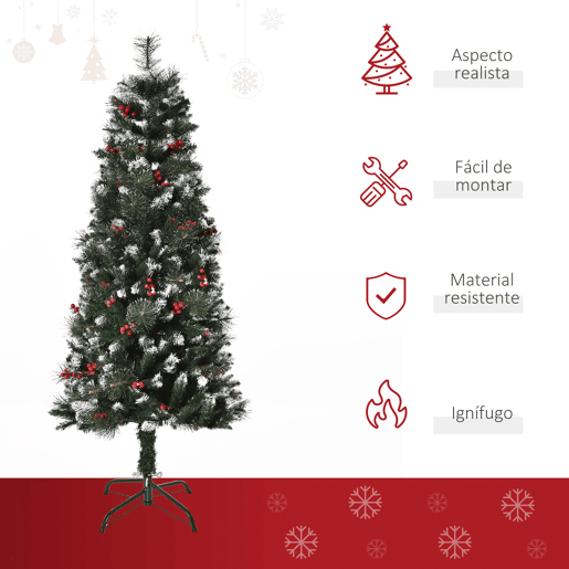 HOMCOM Árvore de Natal Artificial com Neve 150 cm Árvore de Natal Artificial à prova de fogo com 360 ramos 38 bagas Base dobrável e suporte de metal Decoração de Natal interior Verde