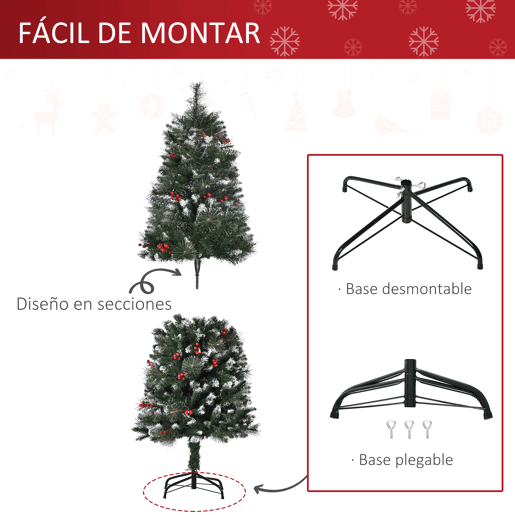 HOMCOM Árvore de Natal Artificial com Neve 150 cm Árvore de Natal Artificial à prova de fogo com 360 ramos 38 bagas Base dobrável e suporte de metal Decoração de Natal interior Verde