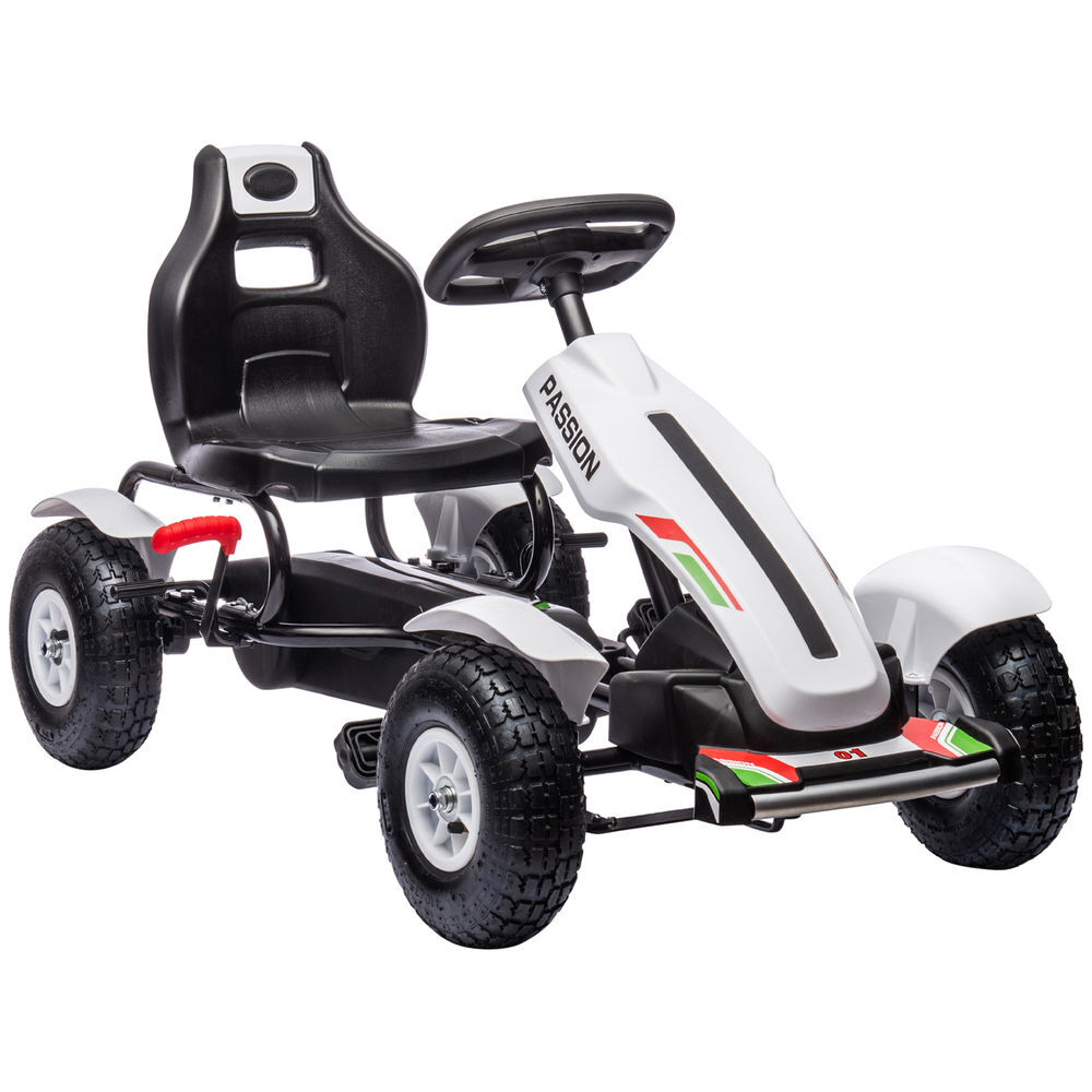 Homcom go kart a pedales para niños de +5 años coche de pedales infantil con asiento ajustable neumáticos de goma freno de mano para niños y niñas carga 50 kg 121x58x61 cm blanco