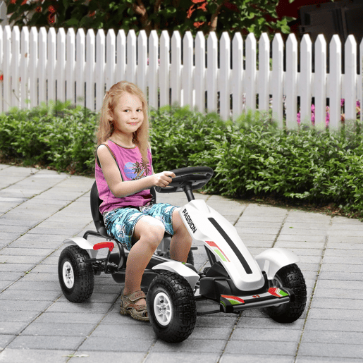 HOMCOM Kart a Pedais para Crianças Kart a Pedais Infantil com Assento Ajustável Pneus de Goma Travão de Mão para Crianças de 5-12 Anos Carga Máxima 50 kg 121x58x61 cm Branco