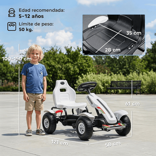 HOMCOM Kart a Pedais para Crianças Kart a Pedais Infantil com Assento Ajustável Pneus de Goma Travão de Mão para Crianças de 5-12 Anos Carga Máxima 50 kg 121x58x61 cm Branco