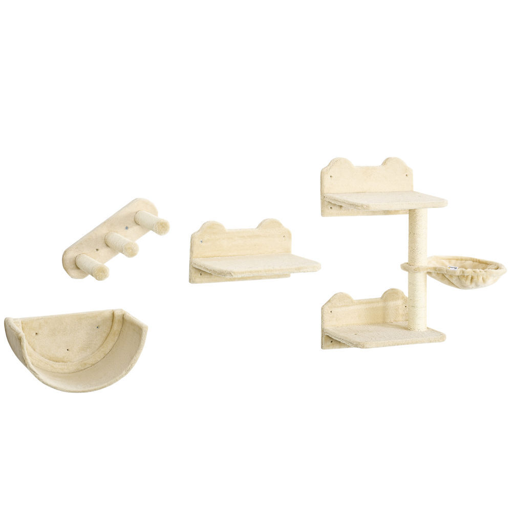 Pawhut estante de escalada para gatos de pared juego de estantes para gatos 4 piezas con hamaca nido rascador plataformas para saltar y poste de sisal beige