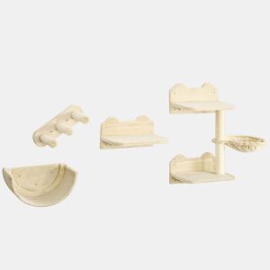 PawHut Prateleiras de Escalada para Gatos de Parede Conjunto de Prateleiras para Gatos 4 Peças com Rede Plataforma Semicircular Plataformas de Salto e Poste de Sisal Bege