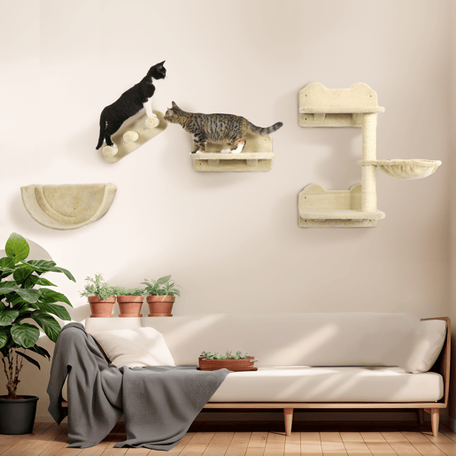 PawHut Prateleiras de Escalada para Gatos de Parede Conjunto de Prateleiras para Gatos 4 Peças com Rede Plataforma Semicircular Plataformas de Salto e Poste de Sisal Bege