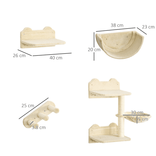PawHut Prateleiras de Escalada para Gatos de Parede Conjunto de Prateleiras para Gatos 4 Peças com Rede Plataforma Semicircular Plataformas de Salto e Poste de Sisal Bege