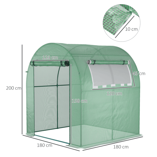Estufa de jardim Outsunny 180x180x200 cm Estufa de túnel pequeno com porta de enrolar e janela de rede para cultivo de plantas e flores Verde